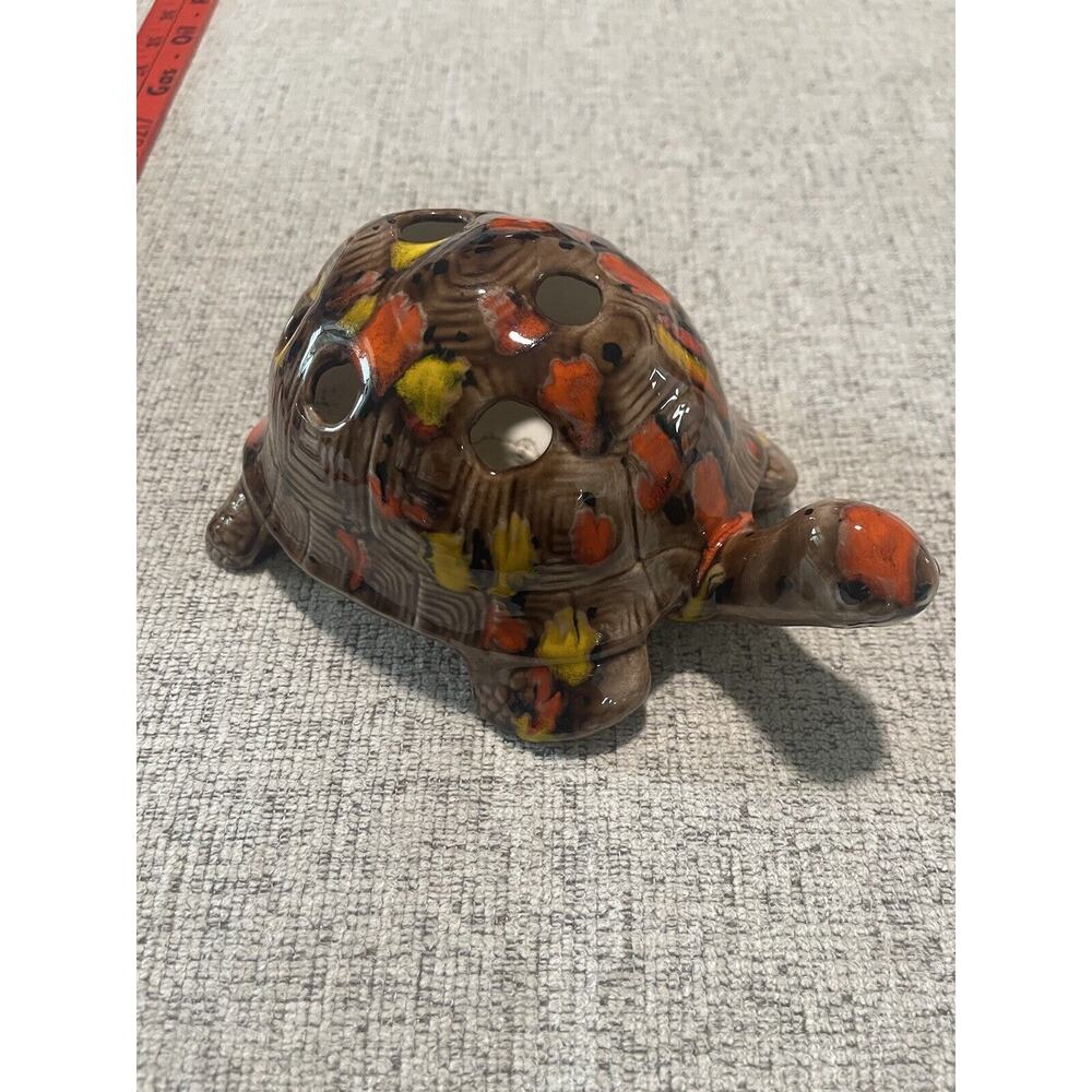 Vintage Flower Frog Multi Color Turtle Art Pottery Clay 8-Hole Figurine 80s